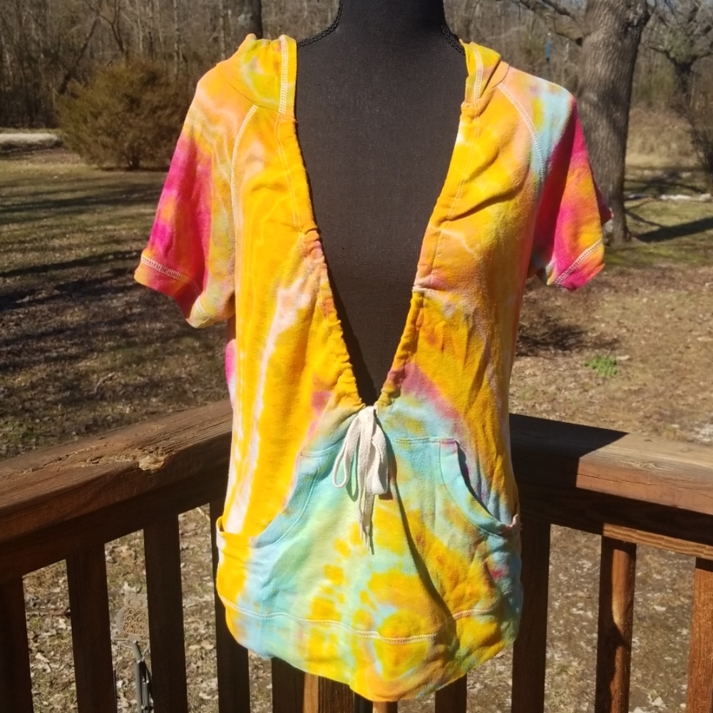Tie Dye Short Sleeve Deep V Hoodie Shirt Top